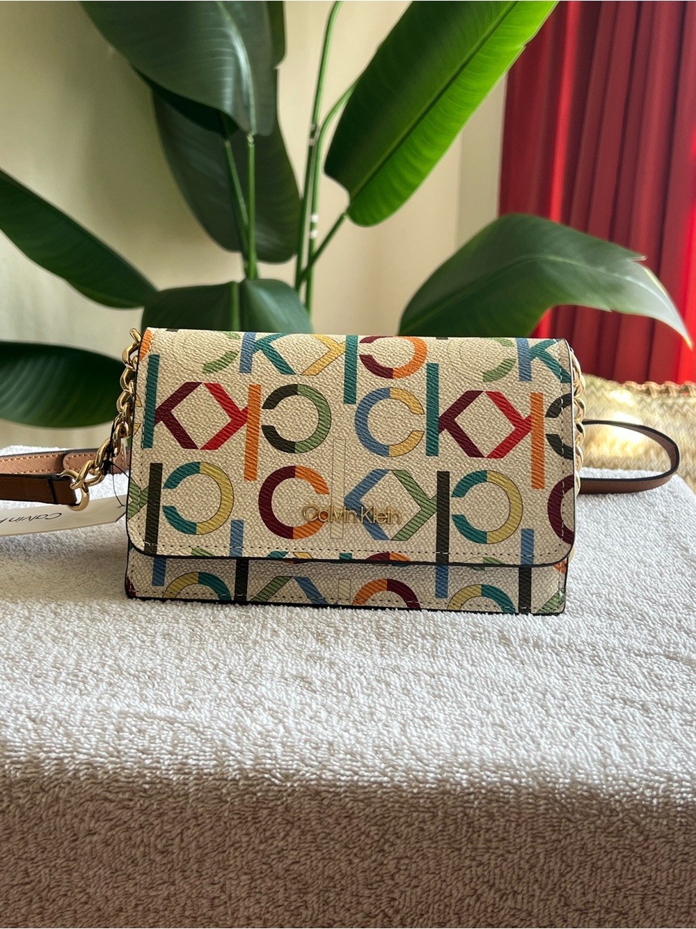 Calvin Klein Cream Crossbody Bag with Multicolor Logo Print